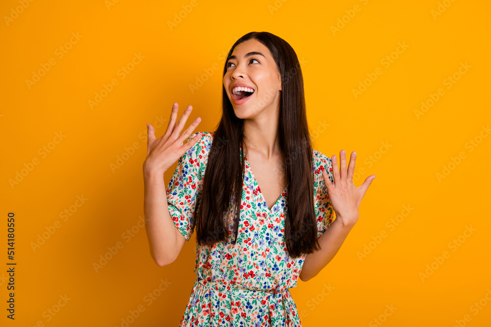 Photo of cheerful overjoyed female have fun dancing enjoying weekends isolated on yellow color background Photo of cheerful overjoyed female have fun dancing enjoying weekends isolated on yellow color background