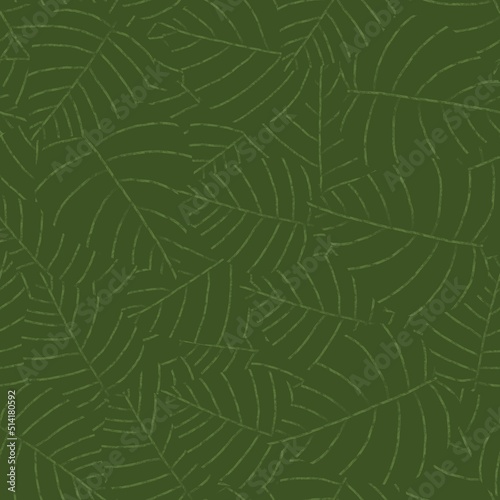 Seamless pattern with green leaves. Overlapping leaf silhouettes. Surface design with botanical motifs.