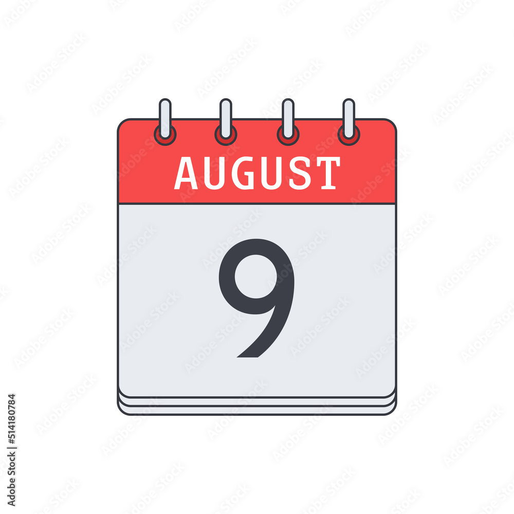 August 9. Calendar icon. Vector illustration, flat design. . August 9. Calendar icon. Vector illustration, flat design. .