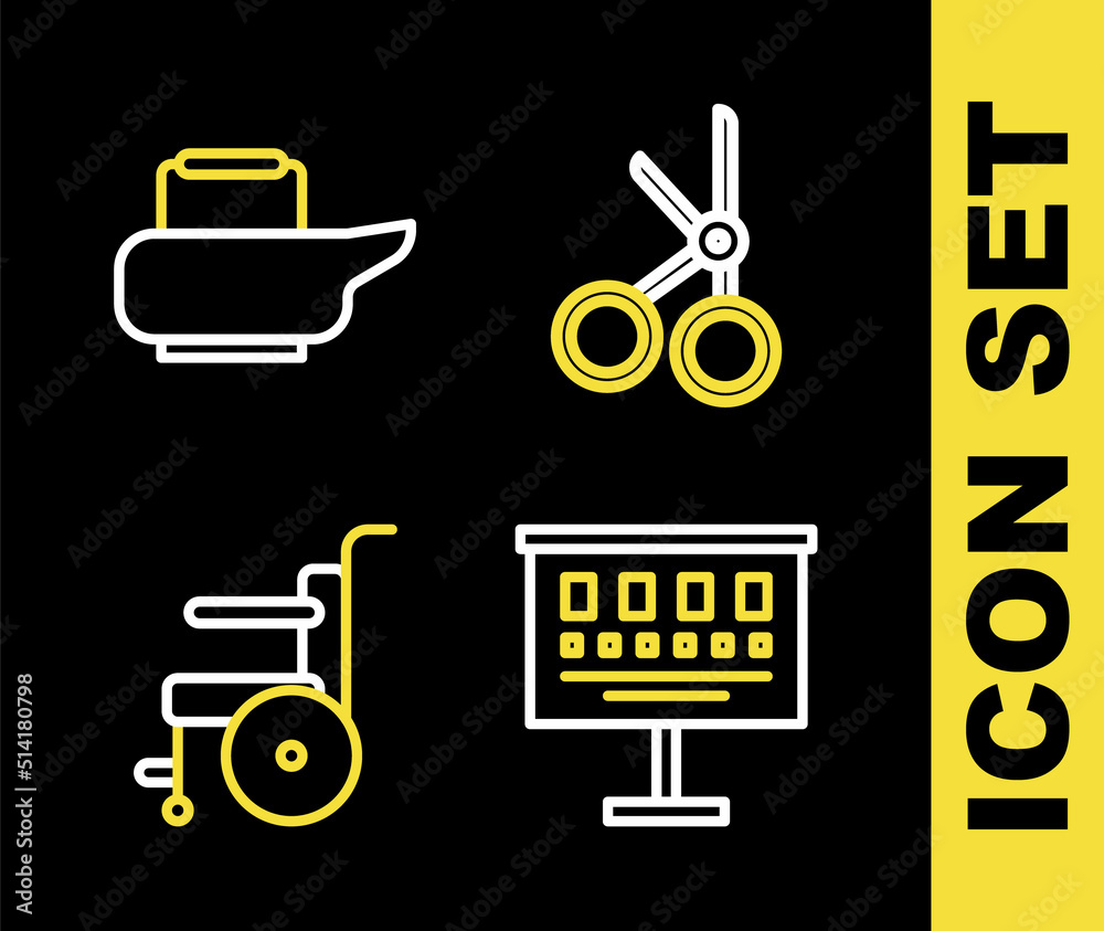 Set line Medical scissors, Eye test chart, Wheelchair for disabled person and Bedpan icon. Vector Set line Medical scissors, Eye test chart, Wheelchair for disabled person and Bedpan icon. Vector