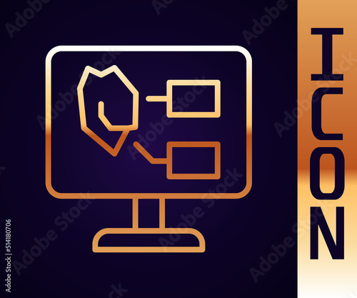 Gold line Agricultural soil test and results icon isolated on black background. Digital soil analysis. Vector