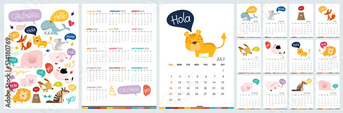 Calendar 2023 with cute wild baby animals. Set of 12 month vector illustrations, zoo characters in cartoon style. Jungle leaves, plants isolated on white background. Cover and pages design