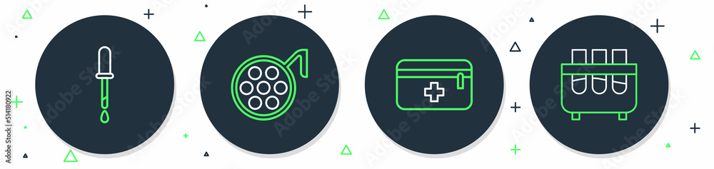 Set line Surgery lamp, First aid kit, Pipette and Test tube and flask icon. Vector Set line Surgery lamp, First aid kit, Pipette and Test tube and flask icon. Vector