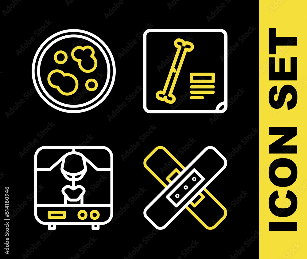 Set line X-ray shots, Crossed bandage plaster, machine and Petri dish with bacteria icon. Vector Set line X-ray shots, Crossed bandage plaster, machine and Petri dish with bacteria icon. Vector