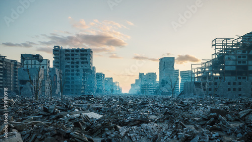 Flight over a bombed out city. Camera moving along the ruined city. The concept of the end of the war. Ruined city in Ukraine. 3d illustration photo