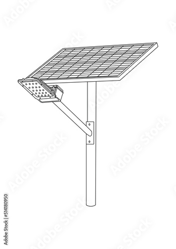 A line drawing of a solar street light. The light has a rectangular solar panel mounted on top of a metal pole, with a rectangular LED light fixture attached to the side.