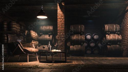 Storage room for wine in barrels. Red wine tasting in the wine vault. Glass of red wine on the warehouse. 3d illustration