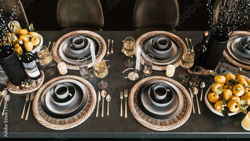 Festive table with beautiful dishes. Festive table in a restaurant. Beautiful design catering. 3d illustration