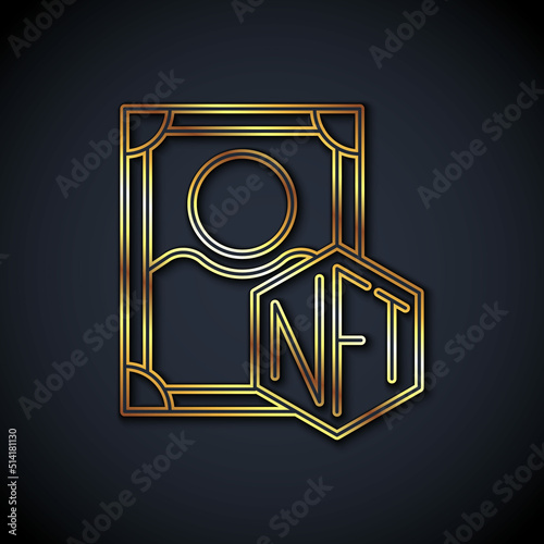 Gold line NFT Digital crypto art icon isolated on black background. Non fungible token. Vector