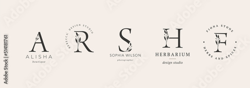 Collection of Botanical Minimalistic, Initial, Letter Feminine Logos with Organic Plant Elements
