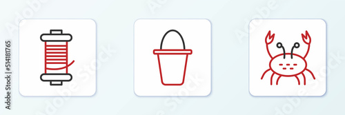 Set line Crab, Spinning reel for fishing and Fishing bucket icon. Vector