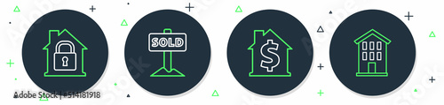 Set line Hanging sign with text Sold, House dollar symbol, under protection and icon. Vector