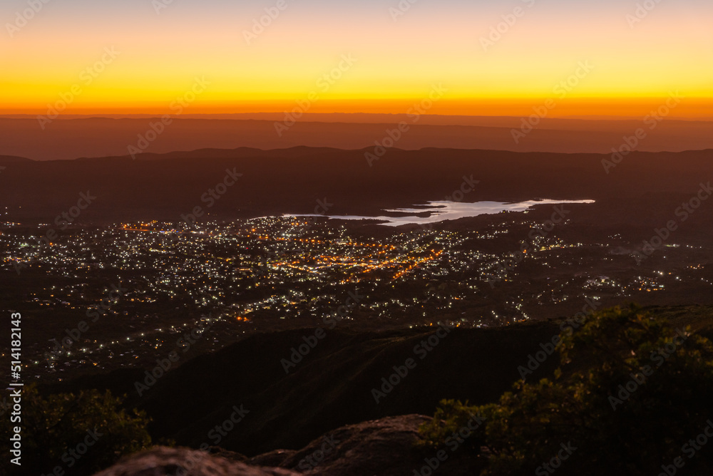 Scenic View of a Town from Mountain at Sunset Time in the Sierras de Cordoba,Argentina