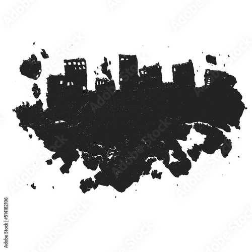 Abstract illustration of a city with destruction. A ruined city in the form of a silhouette. © lavrentyeva