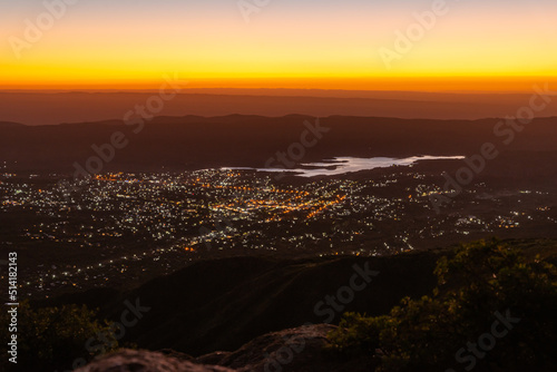 Scenic View of a Town from Mountain at Sunset Time in the Sierras de Cordoba,Argentina