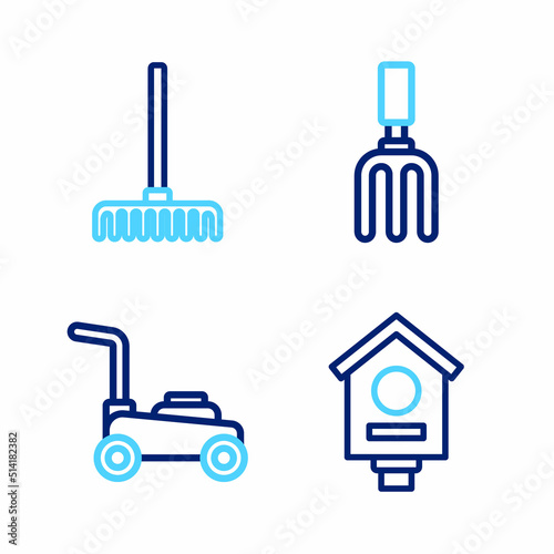 Set line Bird house, Lawn mower, Garden rake and icon. Vector