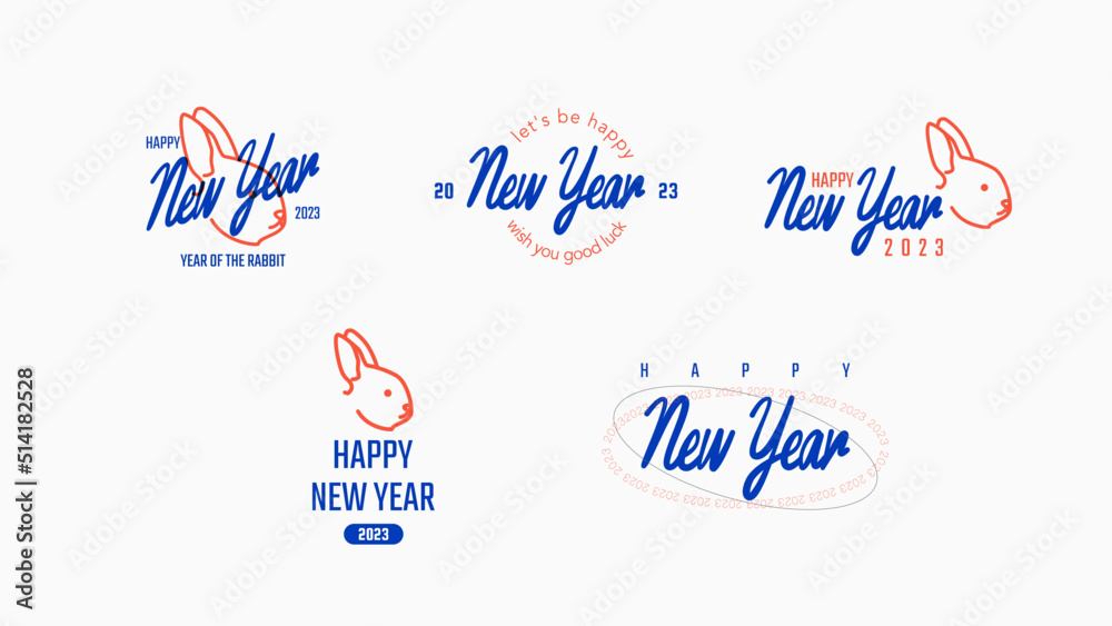 Set of 2023 New Year's signs for logo, greeting cards or invitation. Trendy label decorative set. Vector design elements with rabbit face. Set of 2023 New Year's signs for logo, greeting cards or invitation. Trendy label decorative set. Vector design elements with rabbit face.