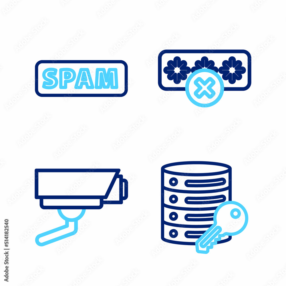 Set line Server security with key, Security camera, Password protection and Spam icon. Vector Set line Server security with key, Security camera, Password protection and Spam icon. Vector