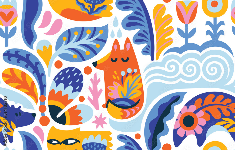 Scandinavian folk art seamless pattern with forest animals