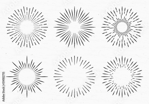 Sunburst set. Vintage sun light rays or burst design. Starburst collection isolated on the grunge background. Radial lines. Vector illustration.