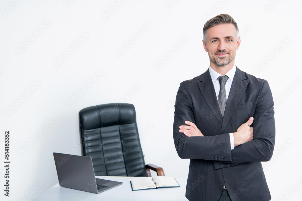 smiling businessman wear suit in boss office on white background smiling businessman wear suit in boss office on white background