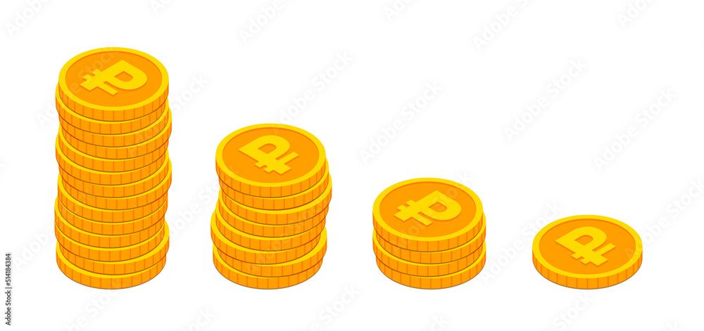 Vector Isometric gold coins stacks like decreasing graph. 3d Cash, banking, casino, business failure, economic downturn, financial crisis, falling money concept on white background for web, apps.