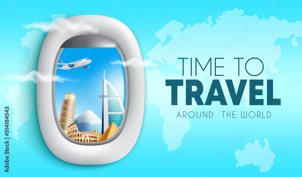 Travel time vector background design. Time to travel text with 3d airplane window view of international tourist destination for worldwide trip journey. Vector illustration.
 - obrazy, fototapety, plakaty 