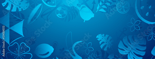 Background of various items related to summer holidays at sea, in blue colors