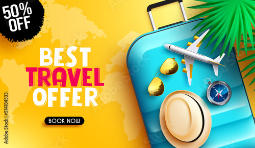 Travel promo vector banner design. Best travel offer text with booking discount offer in yellow map element for flight travelling price sale promotion. Vector illustration.
