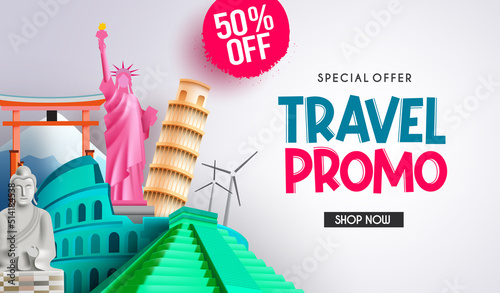 Travel promo vector banner design. Travel promo text in special offer discount with tourist destination elements for travelling worldwide sale promotion. Vector illustration.
