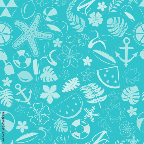 Seamless pattern of various items related to summer holidays at sea, in light blue colors