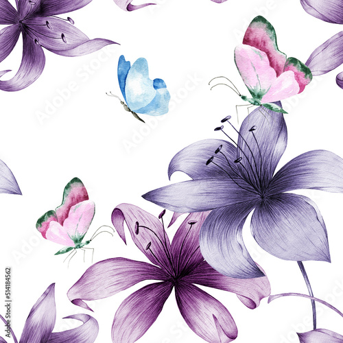 Hand drawn watercolor seamless pattern of bright colorful realistic butterflies and flowers .Mixed media