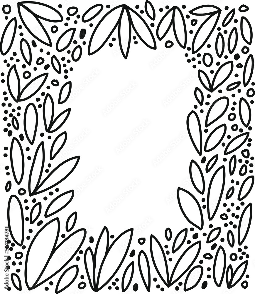Minimalist vector frame with leaves. Black and white illustration. Template with some space for text.