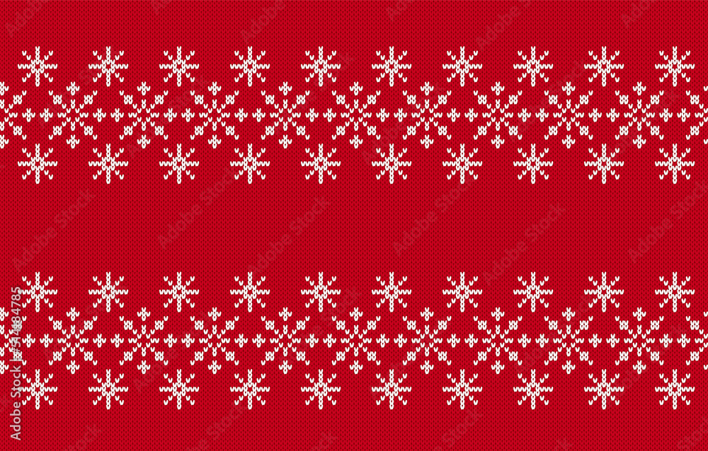 Christmas seamless pattern. Knit print. Red knitted pullover background. Xmas winter texture with snowflakes. Holiday fair isle traditional ornament. Wool sweater. Vector illustration. Christmas seamless pattern. Knit print. Red knitted pullover background. Xmas winter texture with snowflakes. Holiday fair isle traditional ornament. Wool sweater. Vector illustration.