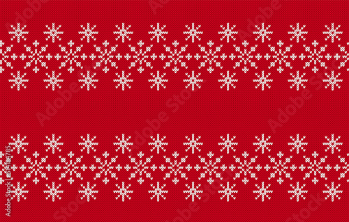 Christmas seamless pattern. Knit print. Red knitted pullover background. Xmas winter texture with snowflakes. Holiday fair isle traditional ornament. Wool sweater. Vector illustration.