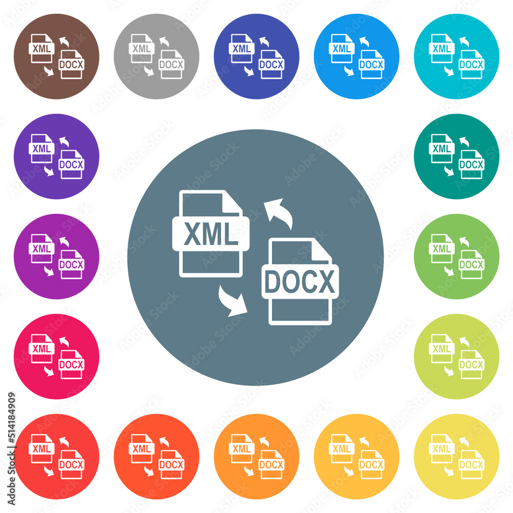 XML DOCX file conversion flat white icons on round color backgrounds