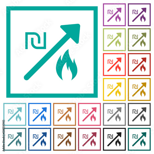 Rising gas energy israeli New Shekel prices flat color icons with quadrant frames