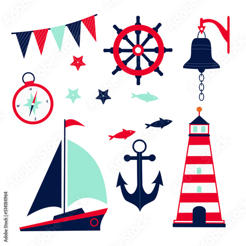 Marine icons. Anchor, fish, lighthouse, flags, ship, bell, compass. Vector illustration