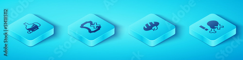 Set Isometric Bottle of olive oil, No leather, chicken leg and Vegan bread loaf icon. Vector