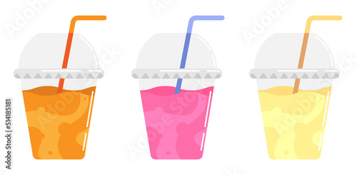 Glass of orange, raspberry and pear smoothie with straw and lid. Refreshing fruit drinks in hot summer. Cartoon vector isolated on white background