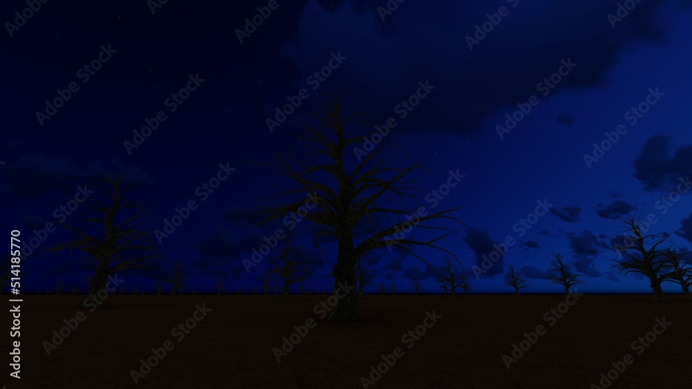 night clouds withered trees climate 3d render night clouds withered trees climate 3d render
