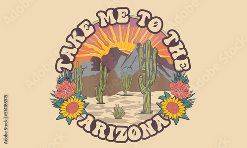 Take m to the desert with sunflower vintage illustration. Desert vibes dreaming t-shirt design. Arizona cactus vector graphic print artwork for apparel, stickers, posters, background and others.  photo