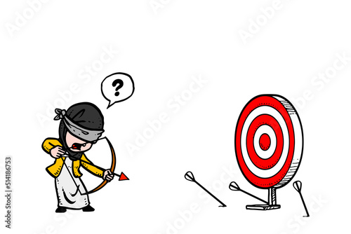 Stressed muslim sales woman try to shoot unclear target. Concept of goal setting failure. Cartoon vector illustration design.