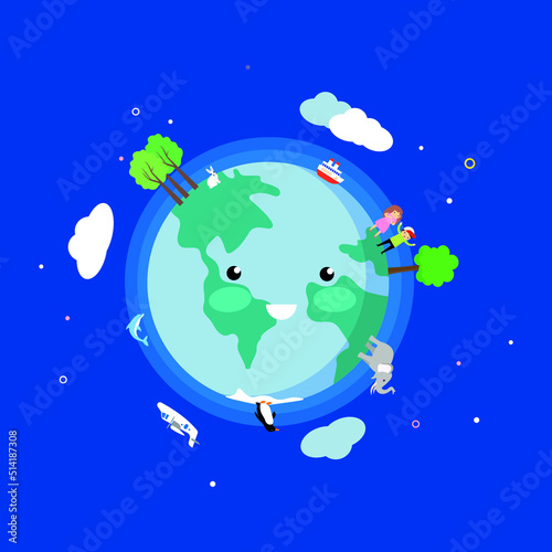 Planet earth with clouds  penguin  elephant  dolphin  people  plane and ship