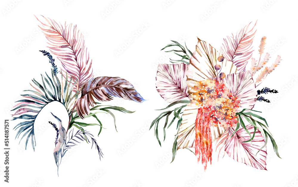 Obraz premium Watercolor summer invitations bouquets with hand painted tropical pink flowers, branches of violet, brownleaves. Romantic floral bouquet perfect for wedding greeting cards, invitation and more. High