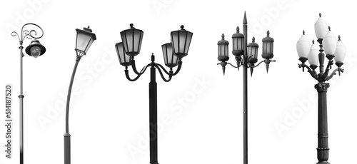 Beautiful street lamps in retro style on white background, collage. Banner design
