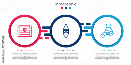 Set line Antique treasure chest, Wizard warlock and Bottle with potion. Business infographic template. Vector