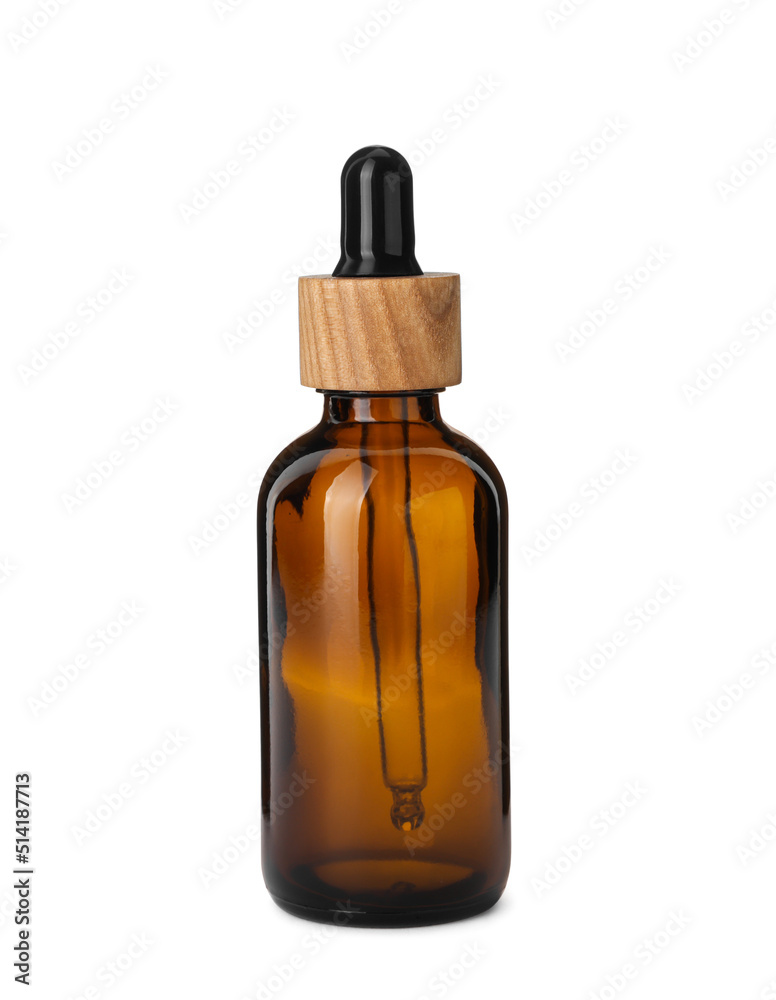 New empty glass bottle with dropper isolated on white New empty glass bottle with dropper isolated on white