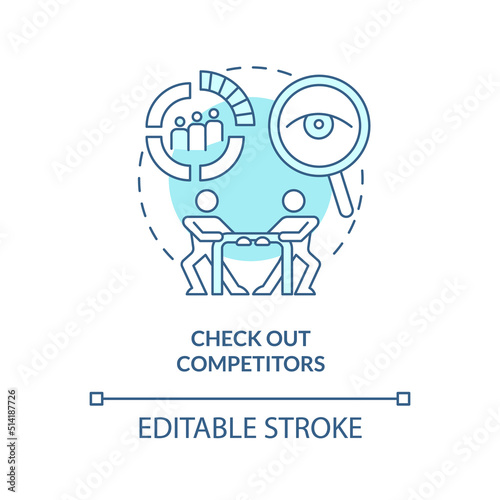Check out competitors turquoise concept icon. Creating website do abstract idea thin line illustration. Analysis tools. Isolated outline drawing. Editable stroke. Arial, Myriad Pro-Bold fonts used