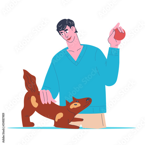Owner playing with his dog or puppy, flat vector isolated on white. Pets care and love concept. Man loves and cares of his pet.